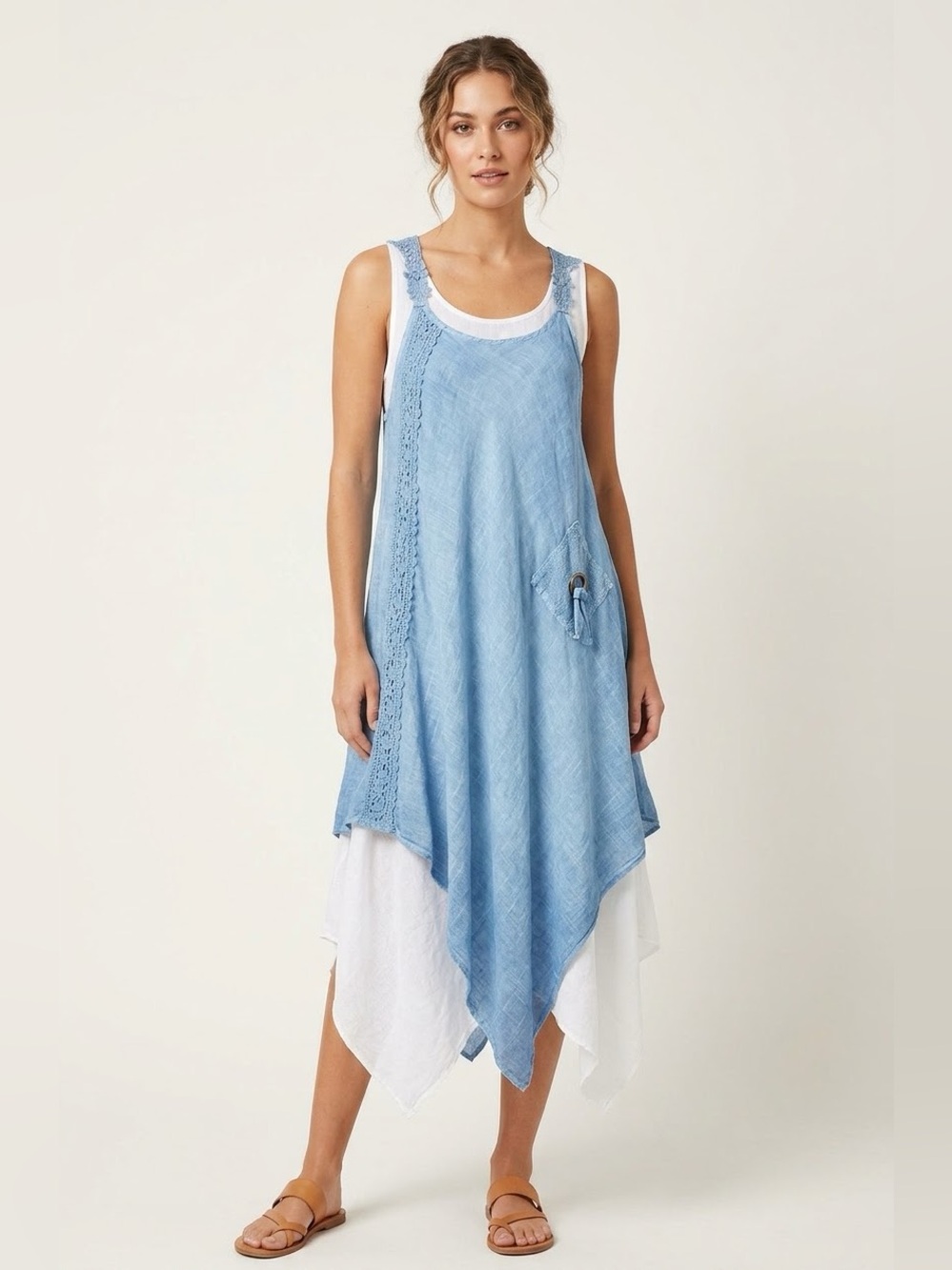 Zury Blue Layered Handkerchief Hem Dress Crochet Lace Back Boho Sun Dress S/M